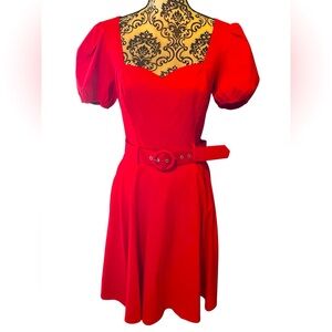 Collectif London 50s Paisley Belted Swing Dress in Bright Red W/Pockets Size M